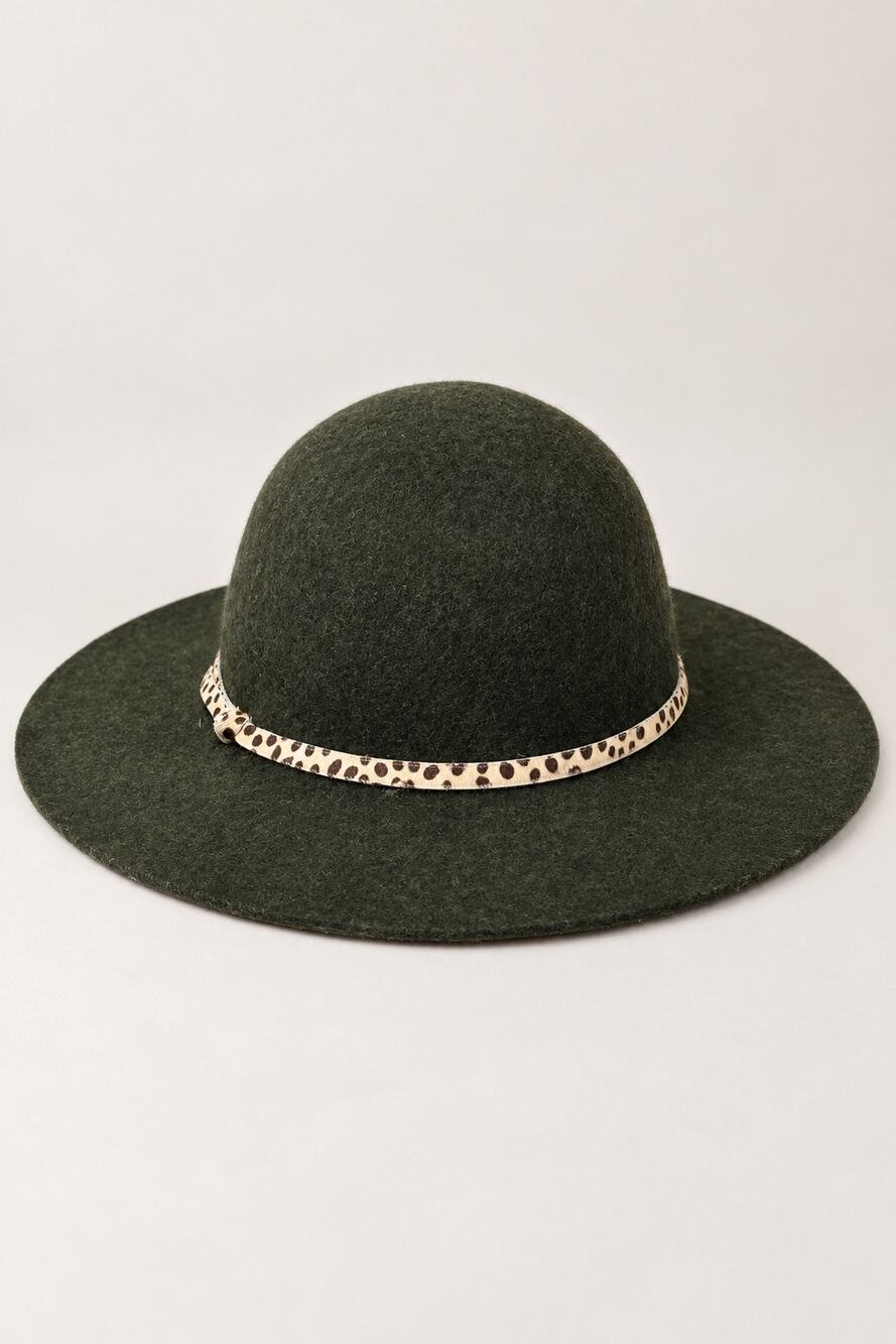 Anthropologie Hat Attack Forest Green Wool Felt Wide Brim Hat Leopard Detail